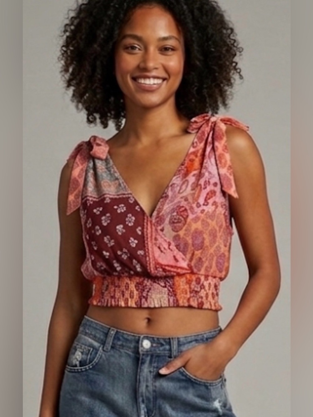 Easel Boho Patchwork Cropped Tie-Shoulder Top Size Small NWT